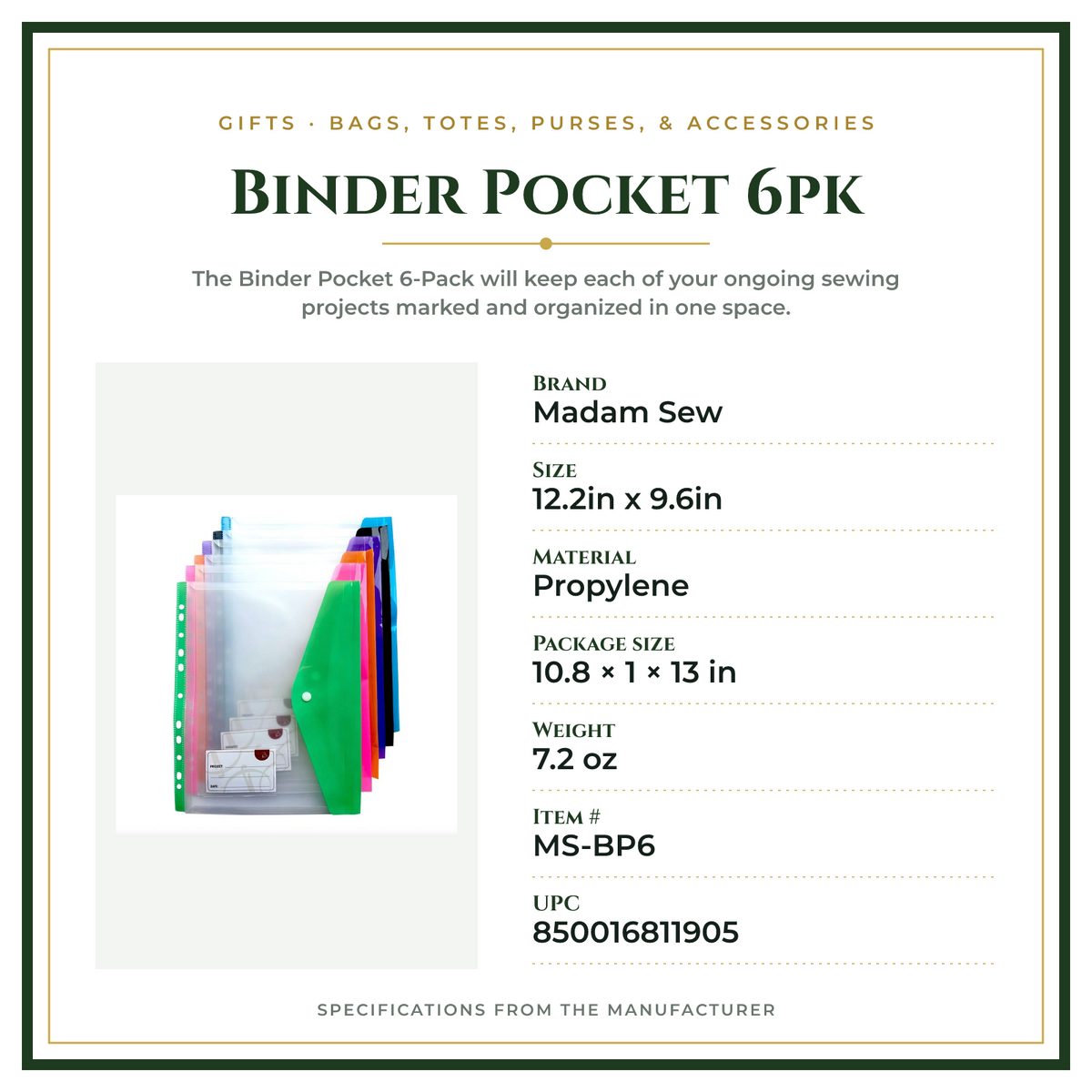 Product Specifications – Binder Pocket 6pk