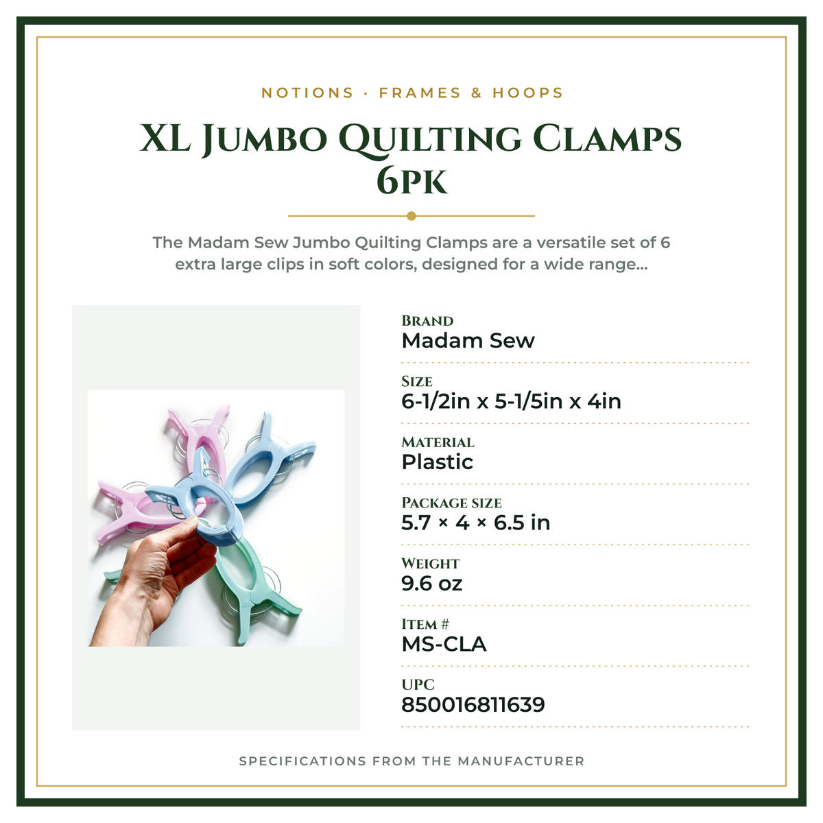 Product Specifications – XL Jumbo Quilting Clamps 6pk
