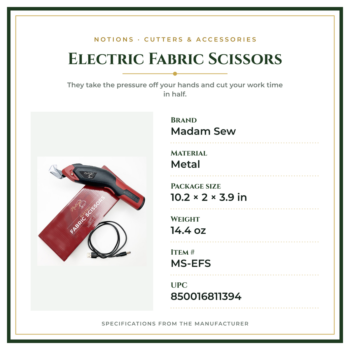 Product Specifications – Electric Fabric Scissors