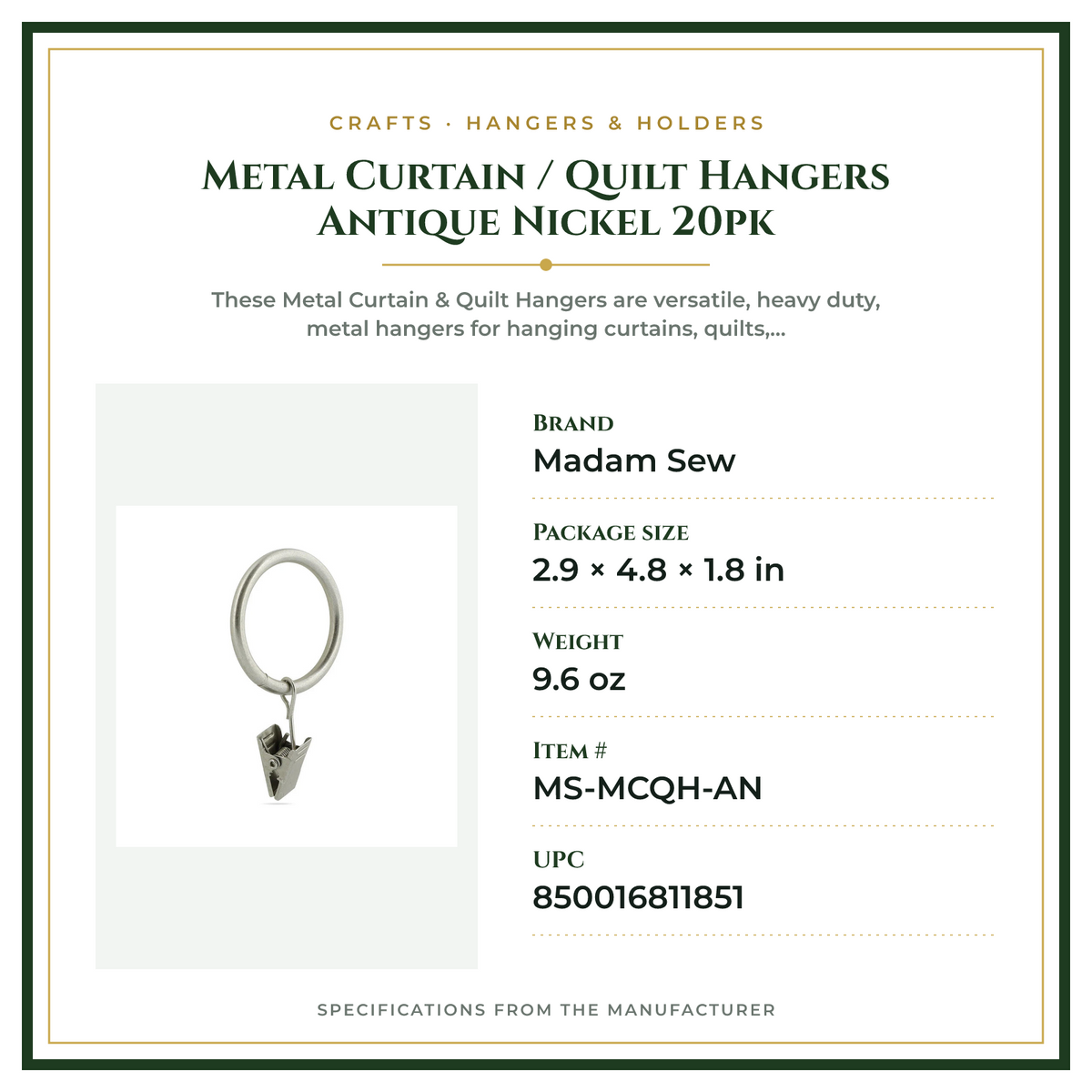 Product Specifications – Metal Curtain / Quilt Hangers Antique Nickel 20pk