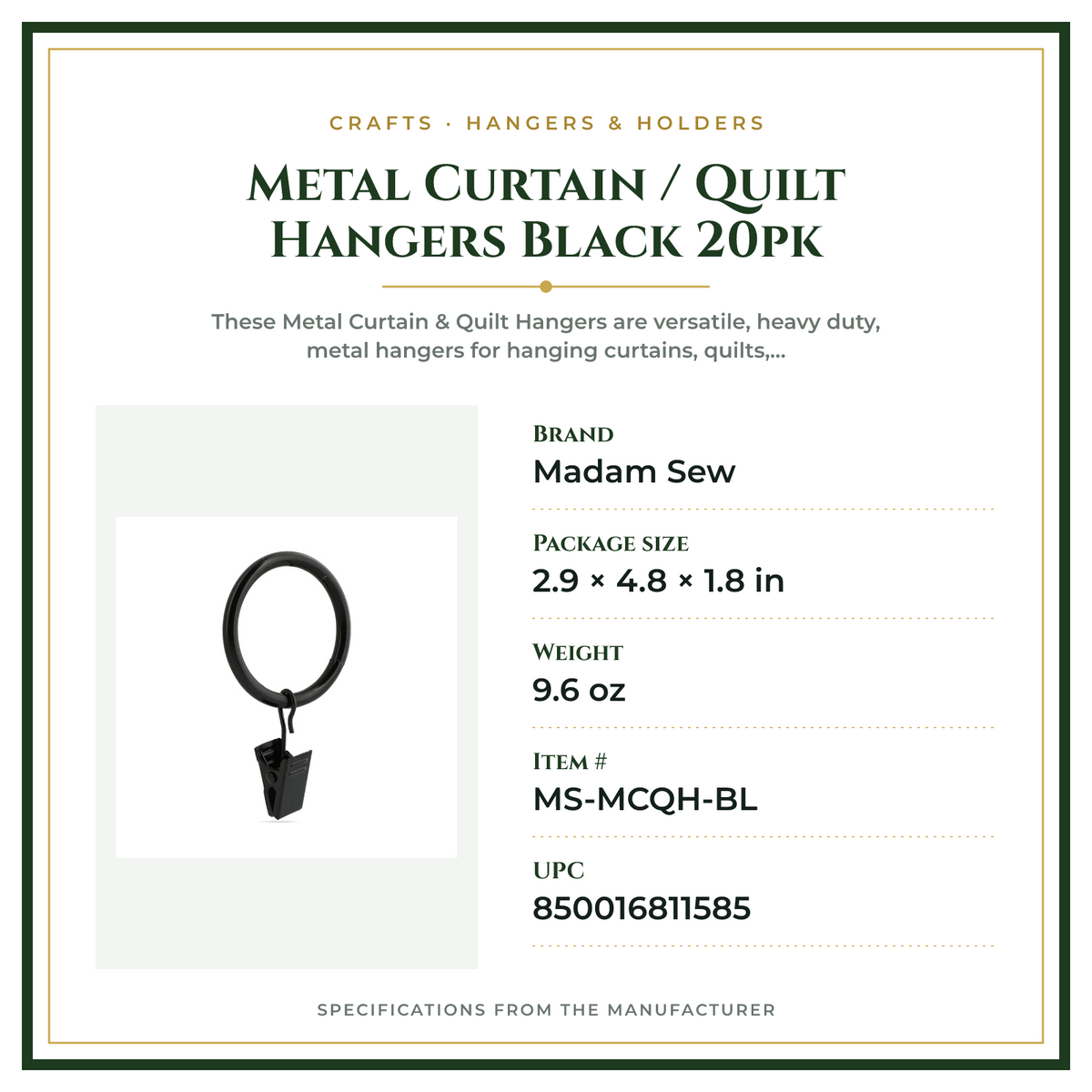 Product Specifications – Metal Curtain / Quilt Hangers Black 20pk