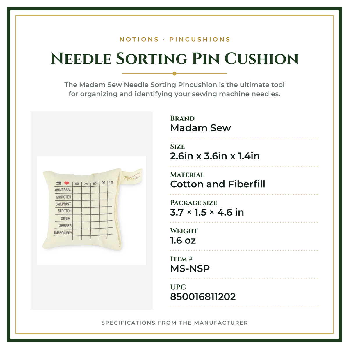 Product Specifications – Needle Sorting Pin Cushion