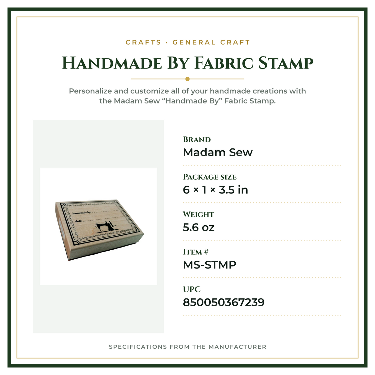 Product Specifications – Handmade By Fabric Stamp