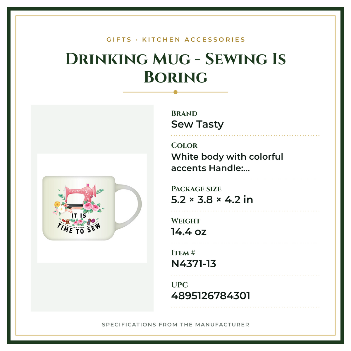 Product Specifications – Drinking Mug - Sewing Is Boring