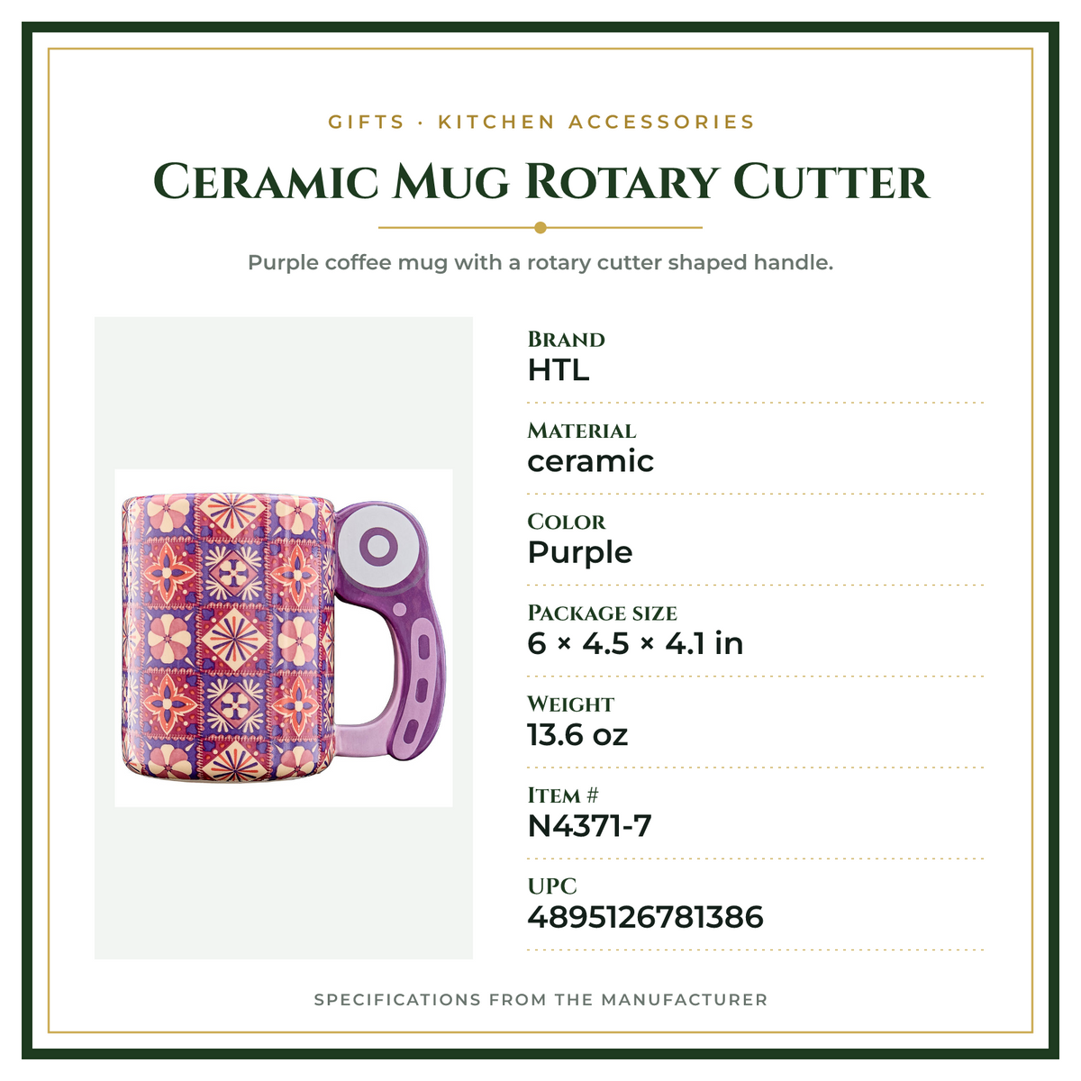 Product Specifications – Ceramic Mug Rotary Cutter