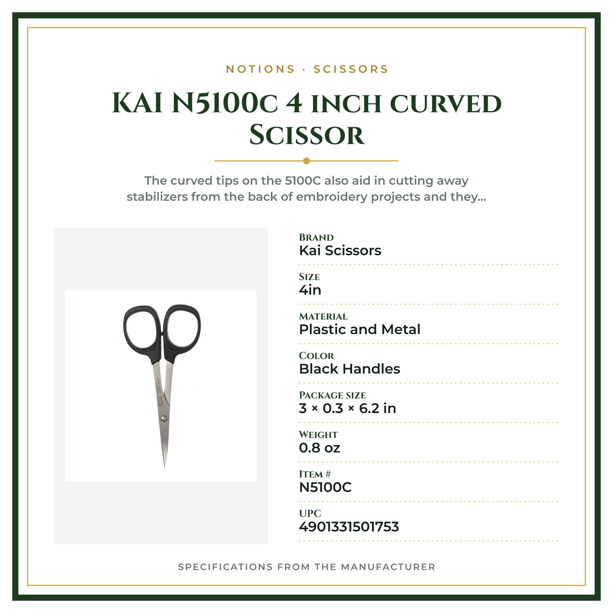 Product Specifications – KAI N5100c 4 inch curved Scissor