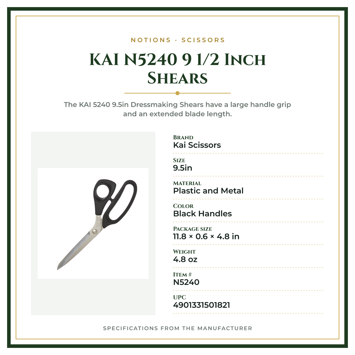 Product Specifications – KAI N5240 9 1/2 Inch Shears