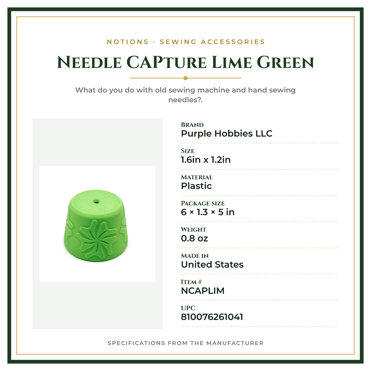 Product Specifications – Needle CAPture Lime Green