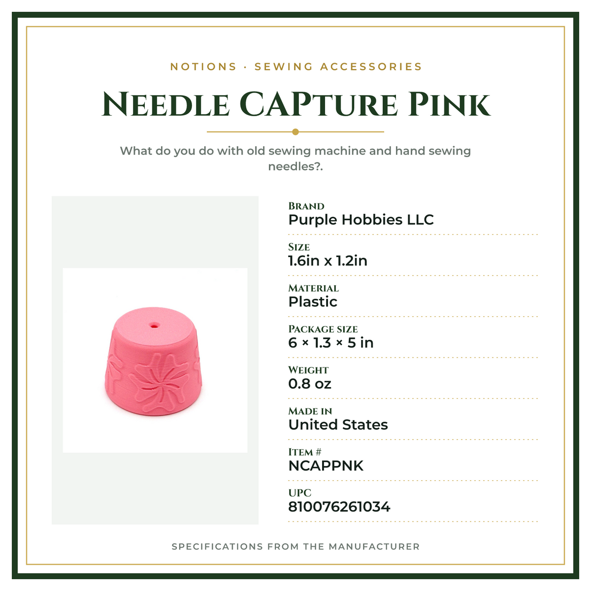 Product Specifications – Needle CAPture Pink