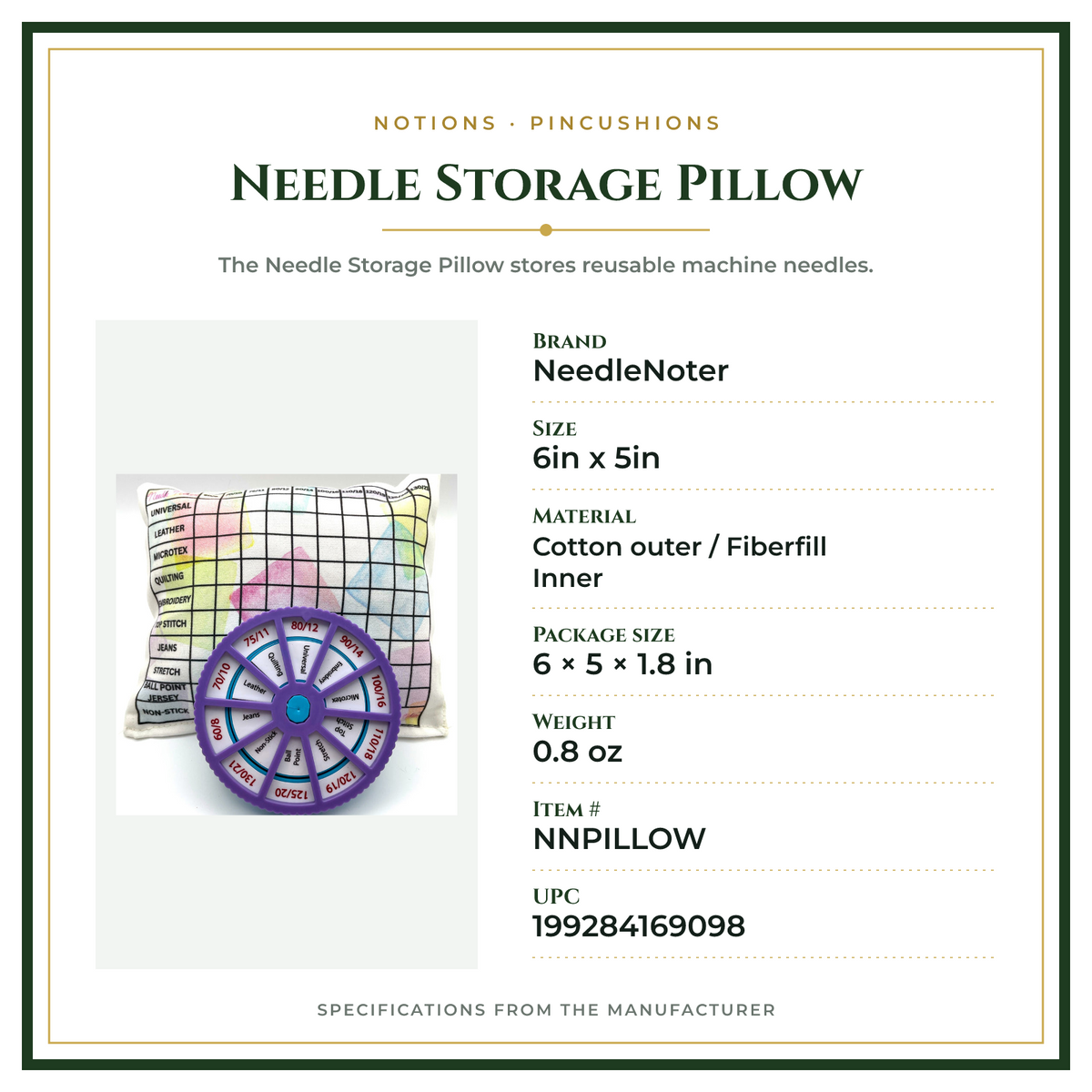 Product Specifications – Needle Storage Pillow