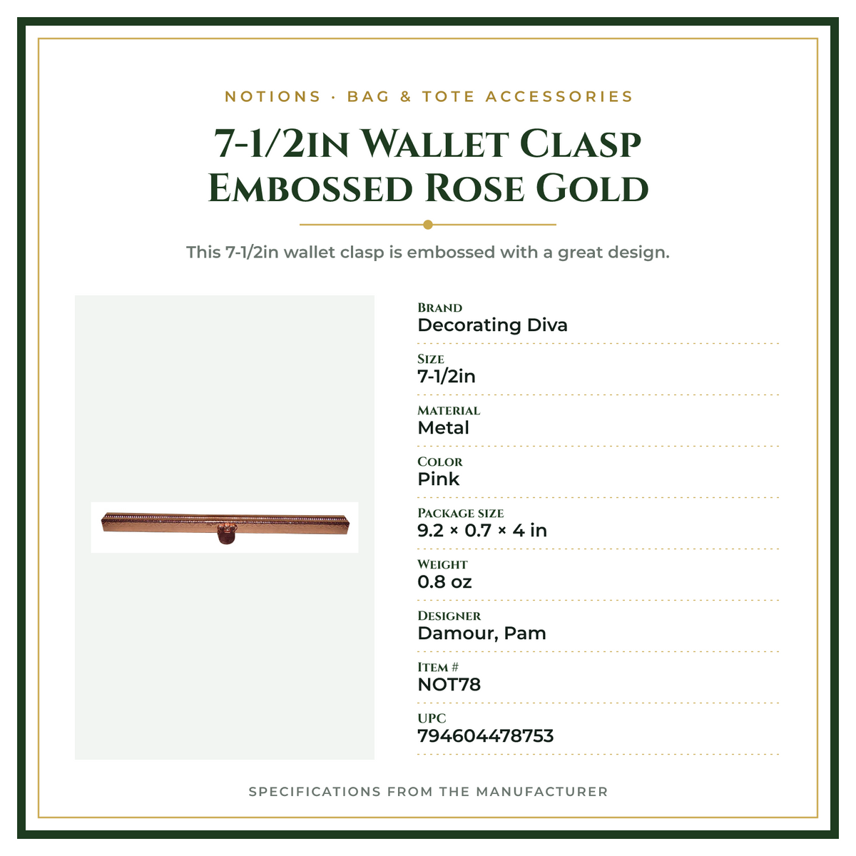 Product Specifications – 7-1/2in Wallet Clasp Embossed Rose Gold