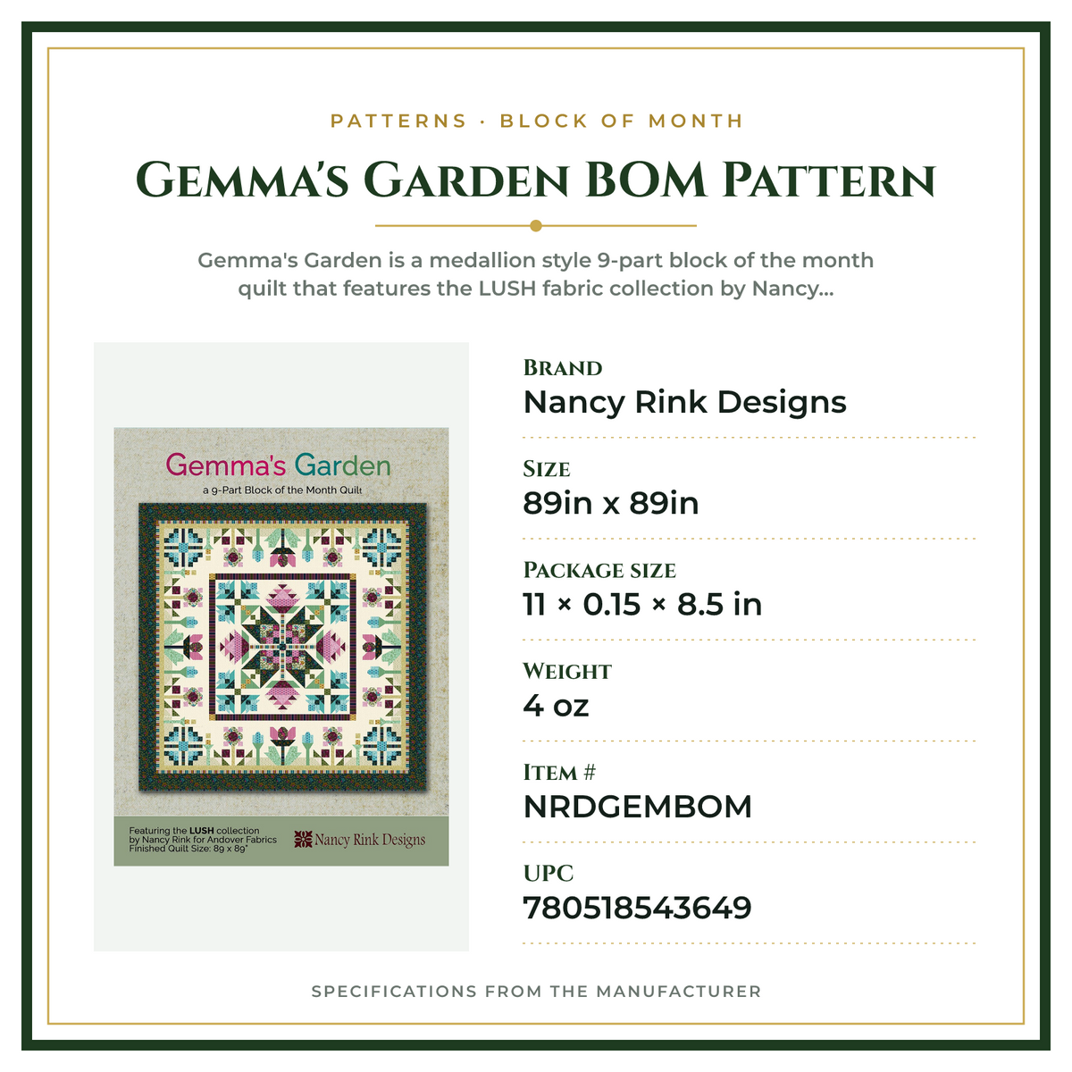 Product Specifications – Gemma's Garden BOM Pattern