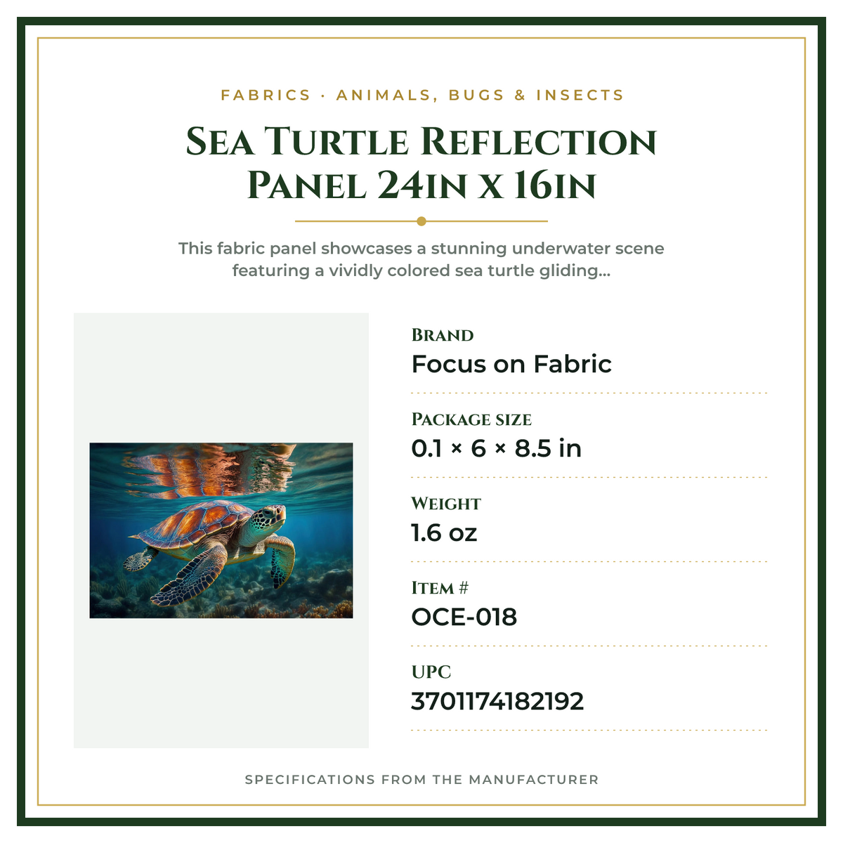 Product Specifications – Sea Turtle Reflection Panel 24in x 16in