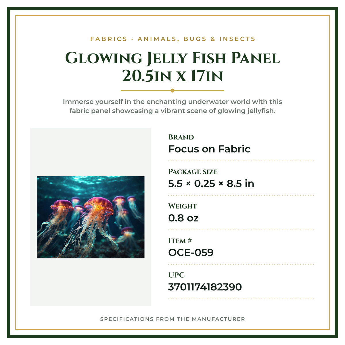 Product Specifications – Glowing Jelly Fish Panel 20.5in x 17in