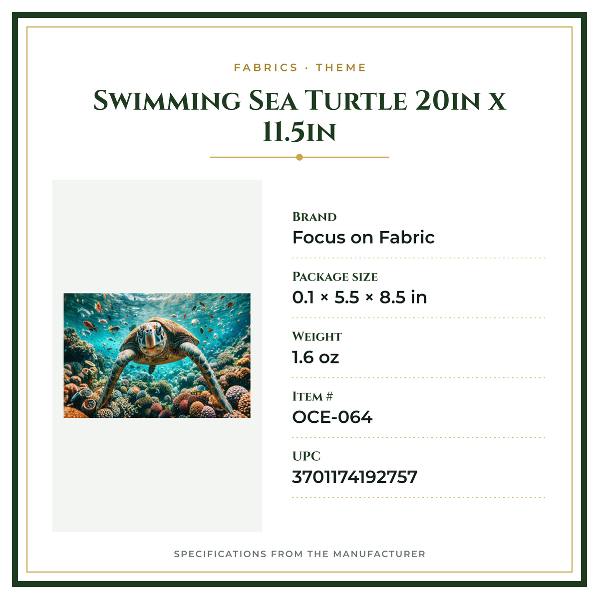 Product Specifications – Swimming Sea Turtle 20in x 11.5in