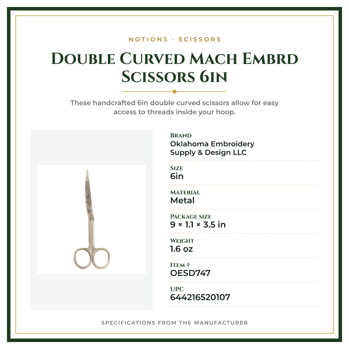 Product Specifications – Double Curved Mach Embrd Scissors 6in