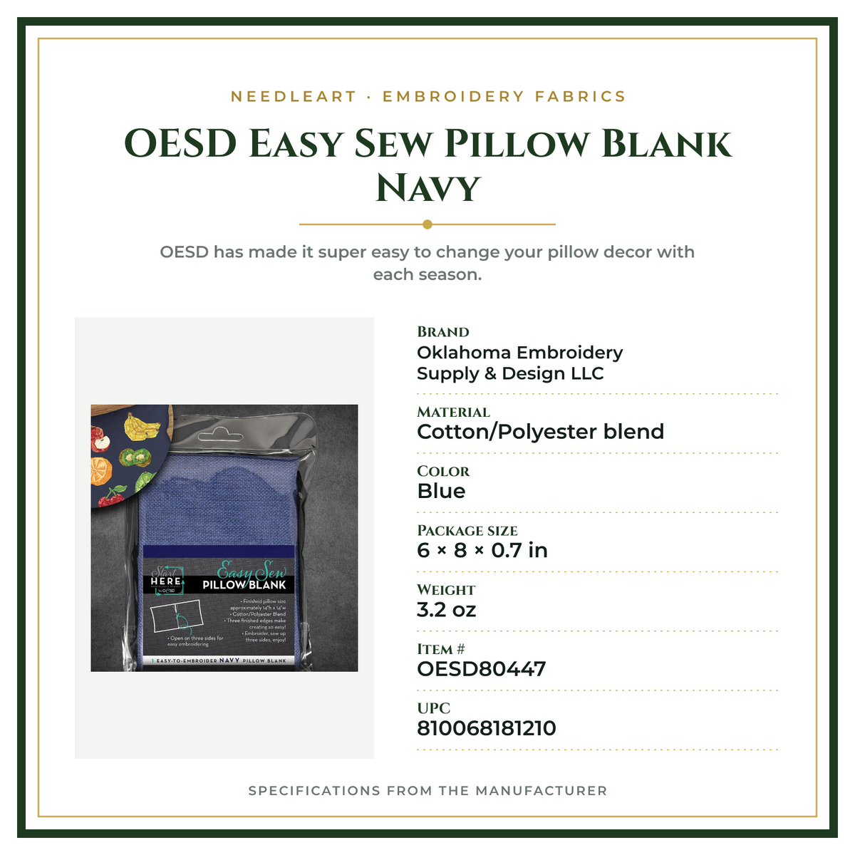Product Specifications – OESD Easy Sew Pillow Blank Navy
