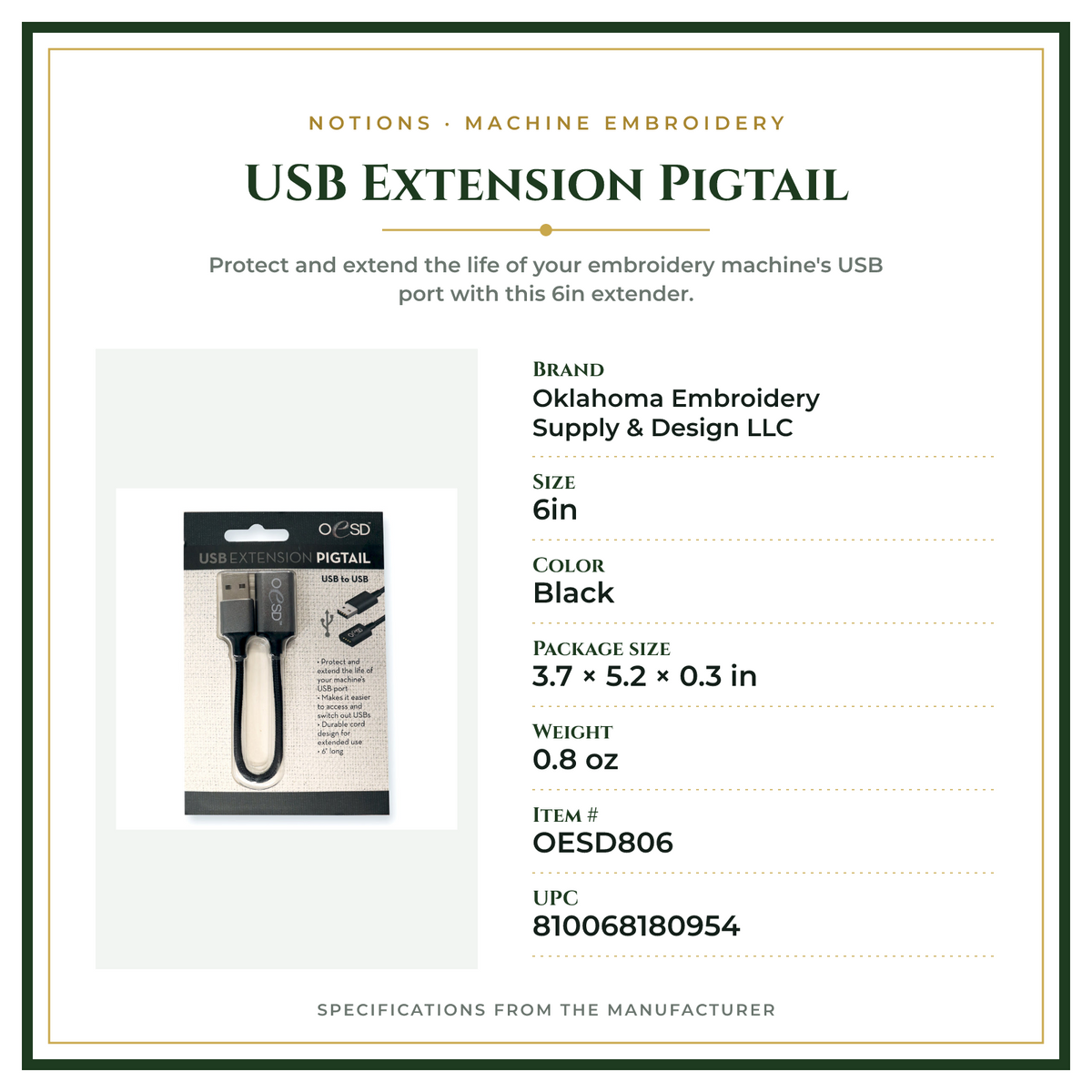 Product Specifications – USB Extension Pigtail