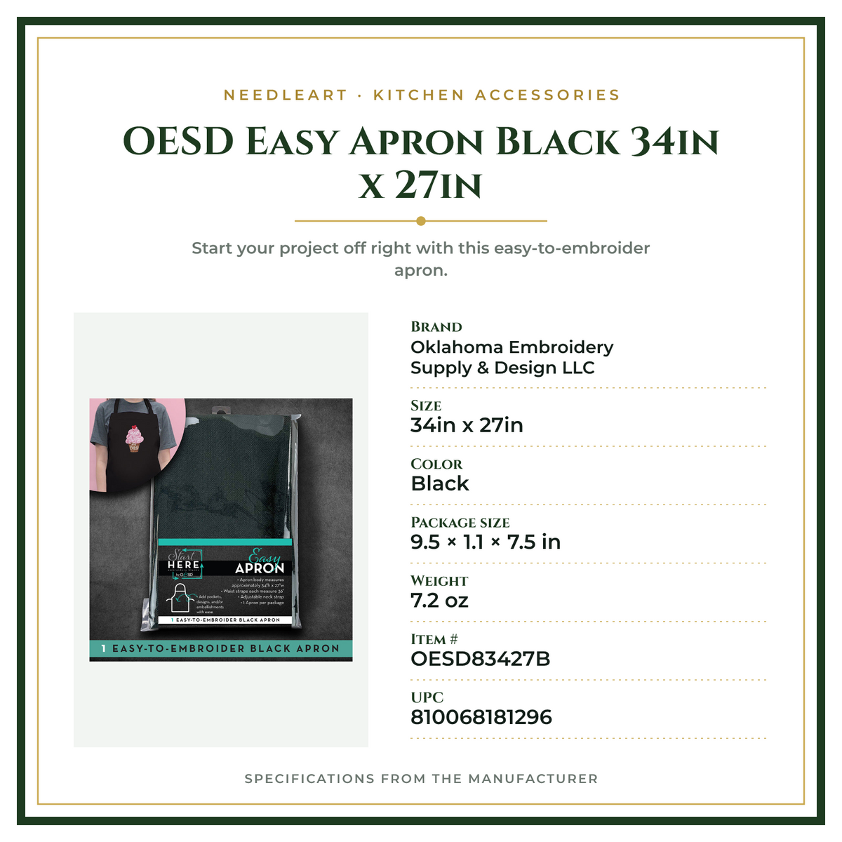Product Specifications – OESD Easy Apron Black 34in x 27in