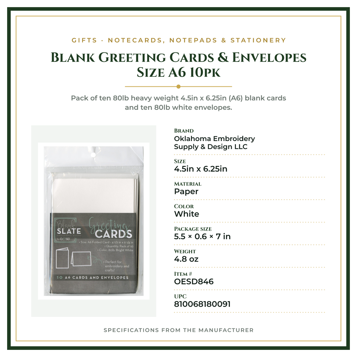 Product Specifications – Blank Greeting Cards & Envelopes Size A6 10pk