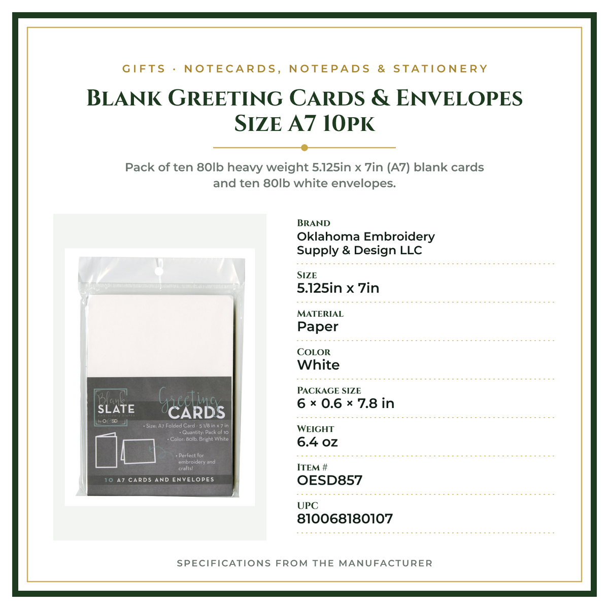 Product Specifications – Blank Greeting Cards & Envelopes Size A7 10pk