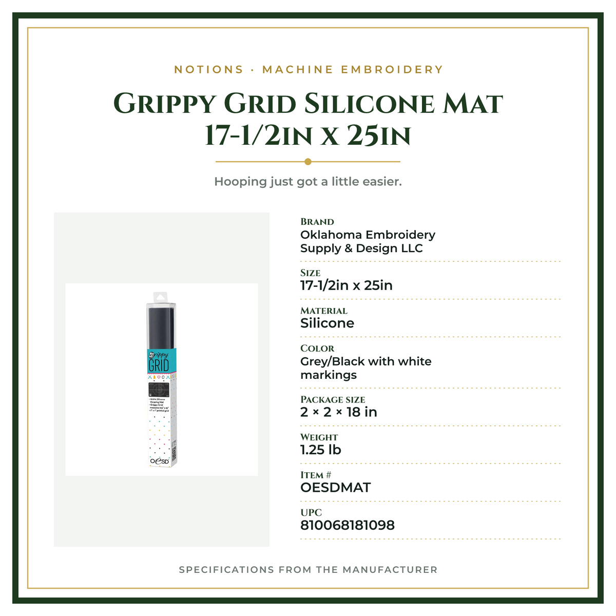 Product Specifications – Grippy Grid Silicone Mat 17-1/2in x 25in