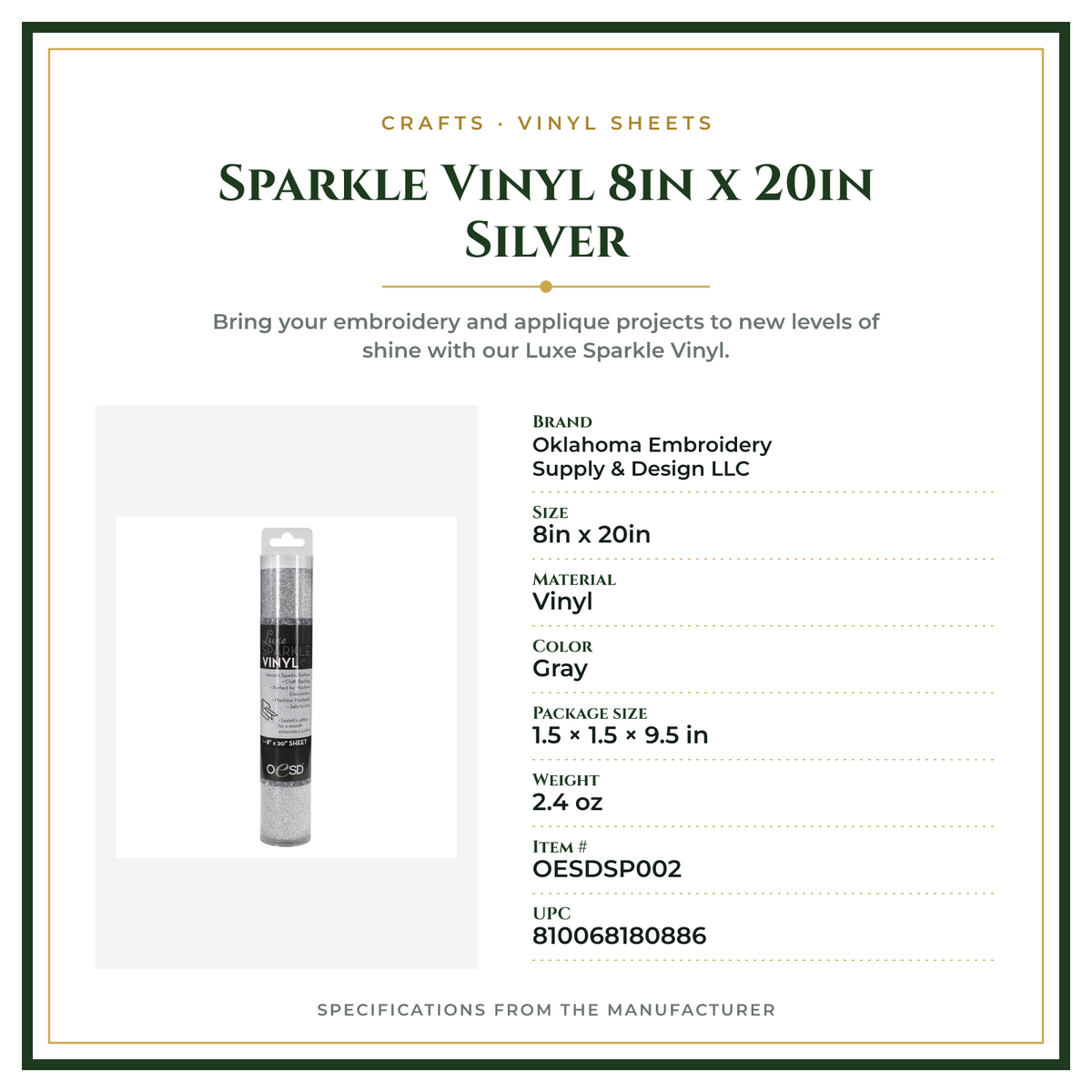Product Specifications – Sparkle Vinyl 8in x 20in Silver