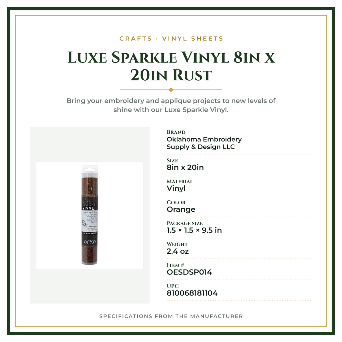 Product Specifications – Luxe Sparkle Vinyl 8in x 20in Rust