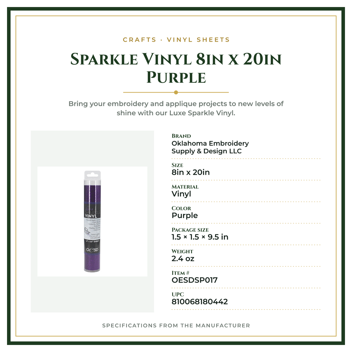 Product Specifications – Sparkle Vinyl 8in x 20in Purple