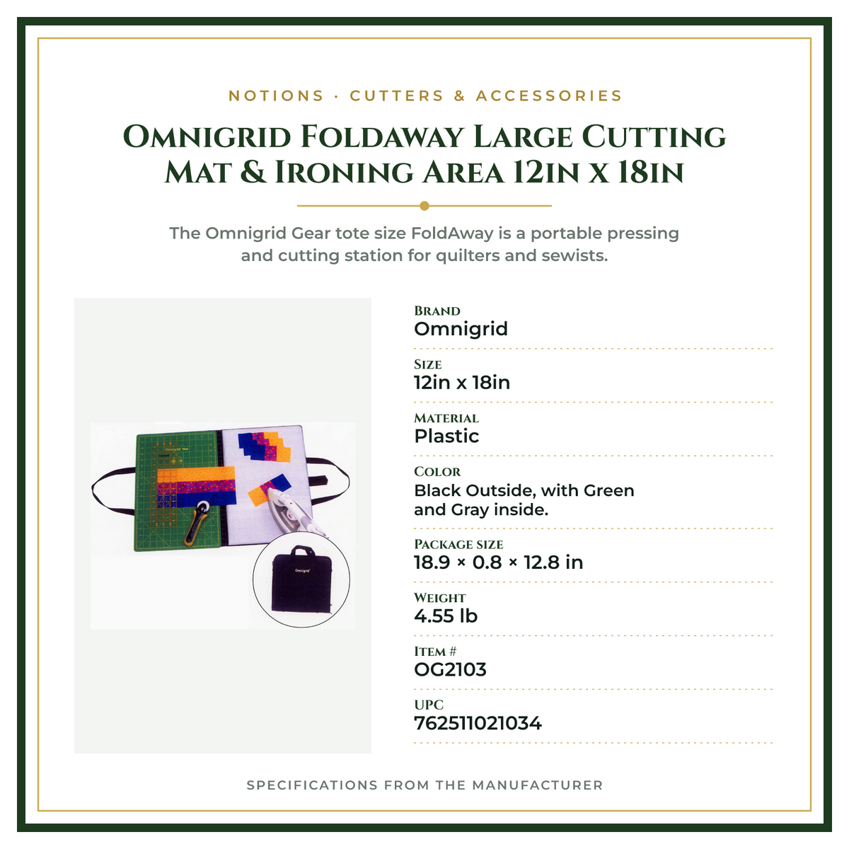 Product Specifications – Omnigrid Foldaway Large Cutting Mat & Ironing Area 12in x 18in