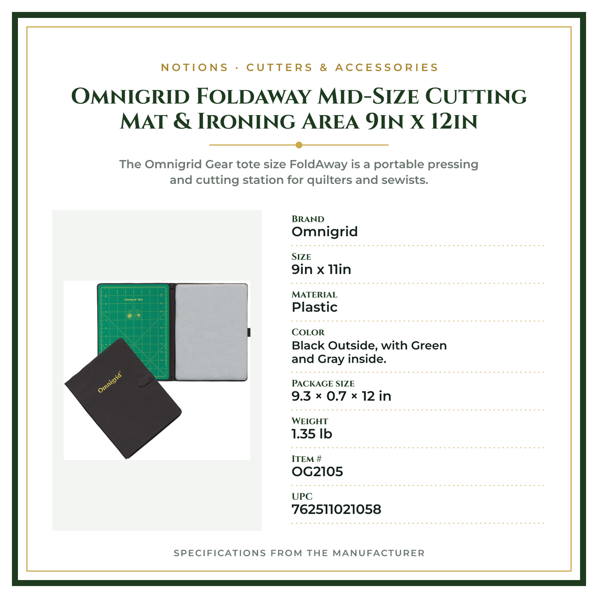 Product Specifications – Omnigrid Foldaway Mid-Size Cutting Mat & Ironing Area 9in x 12in