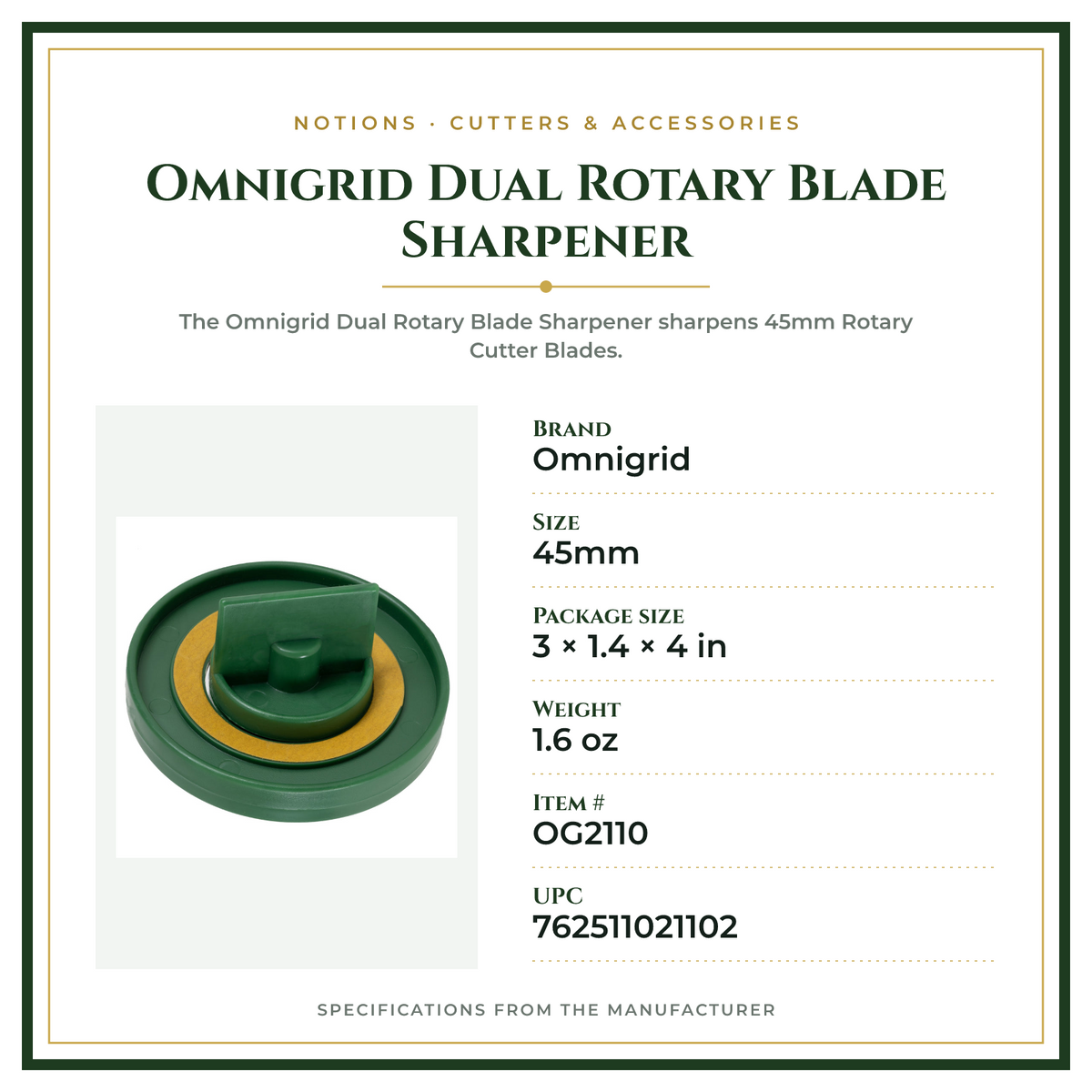 Product Specifications – Omnigrid Dual Rotary Blade Sharpener