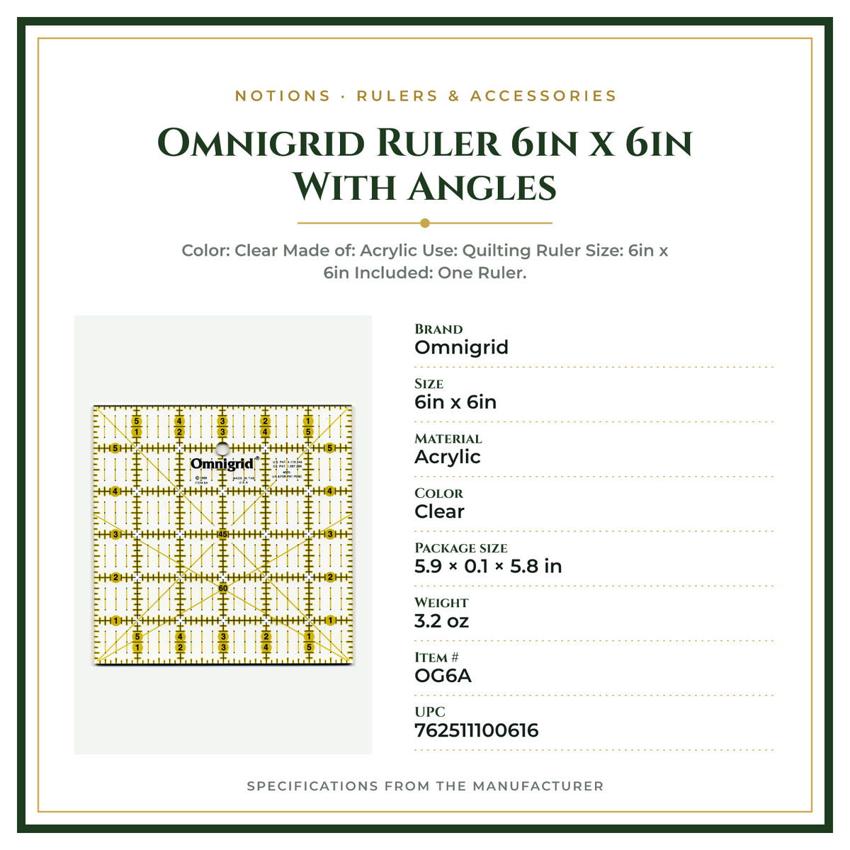 Product Specifications – Omnigrid Ruler 6in x 6in With Angles