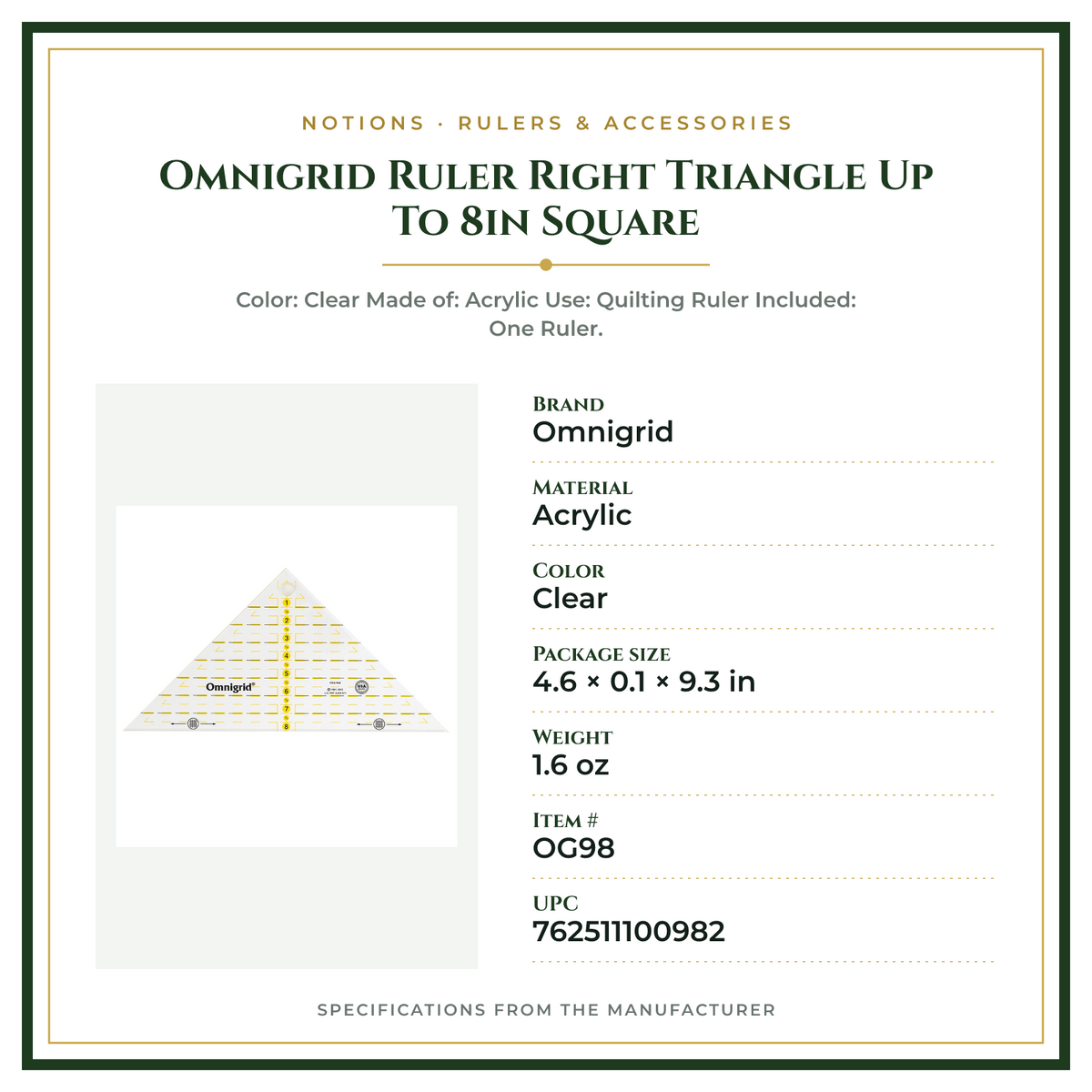 Product Specifications – Omnigrid Ruler Right Triangle Up To 8in Square