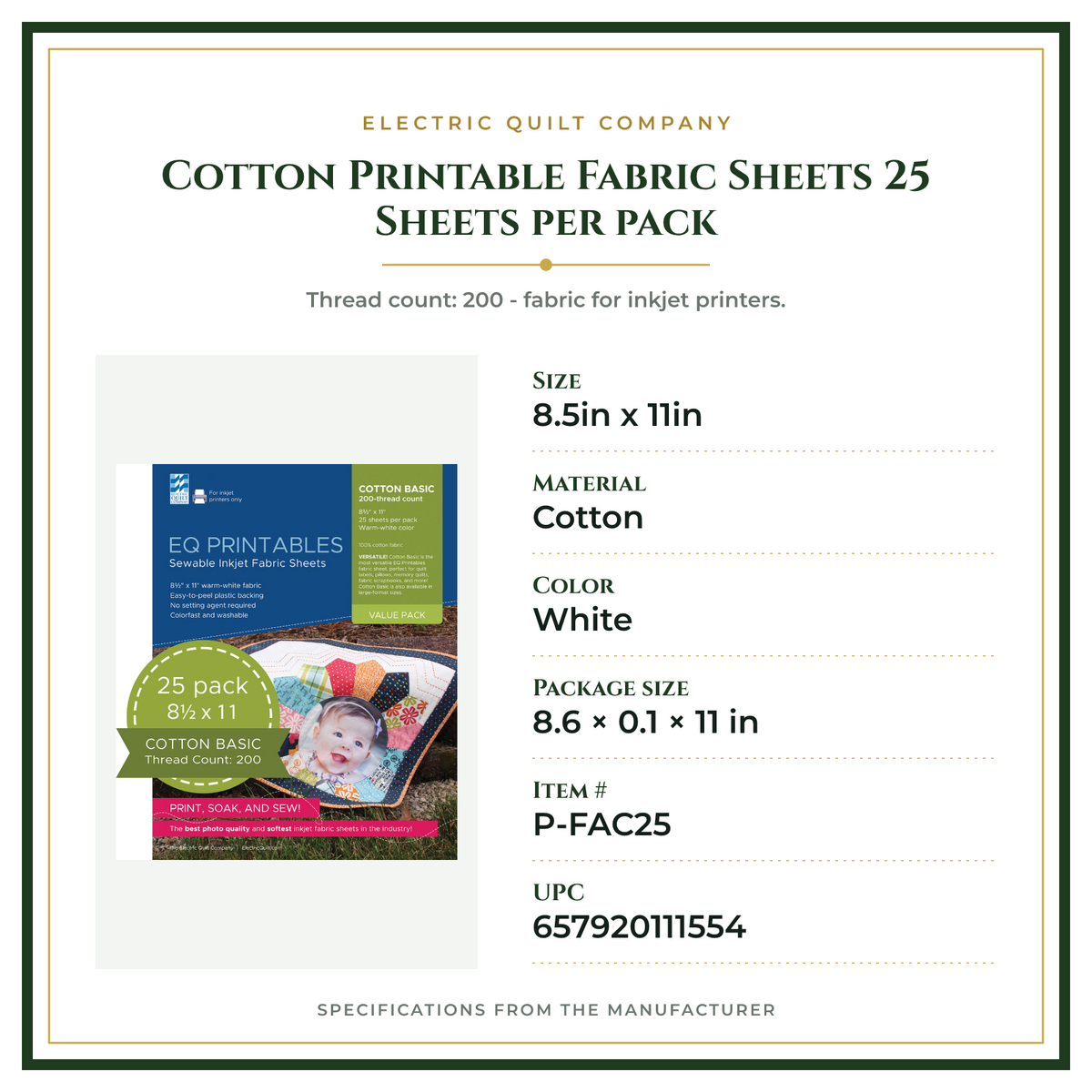 Product Specifications – Cotton Printable Fabric Sheets 25 Sheets per pack