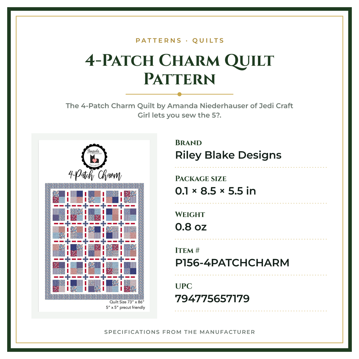 Product Specifications – 4-Patch Charm Quilt Pattern
