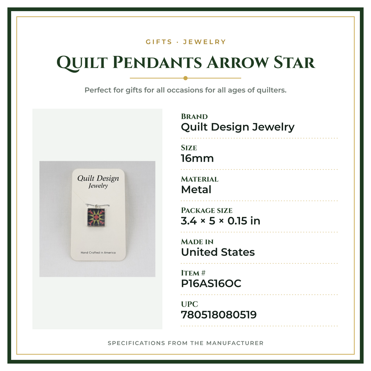 Product Specifications – Quilt Pendants Arrow Star
