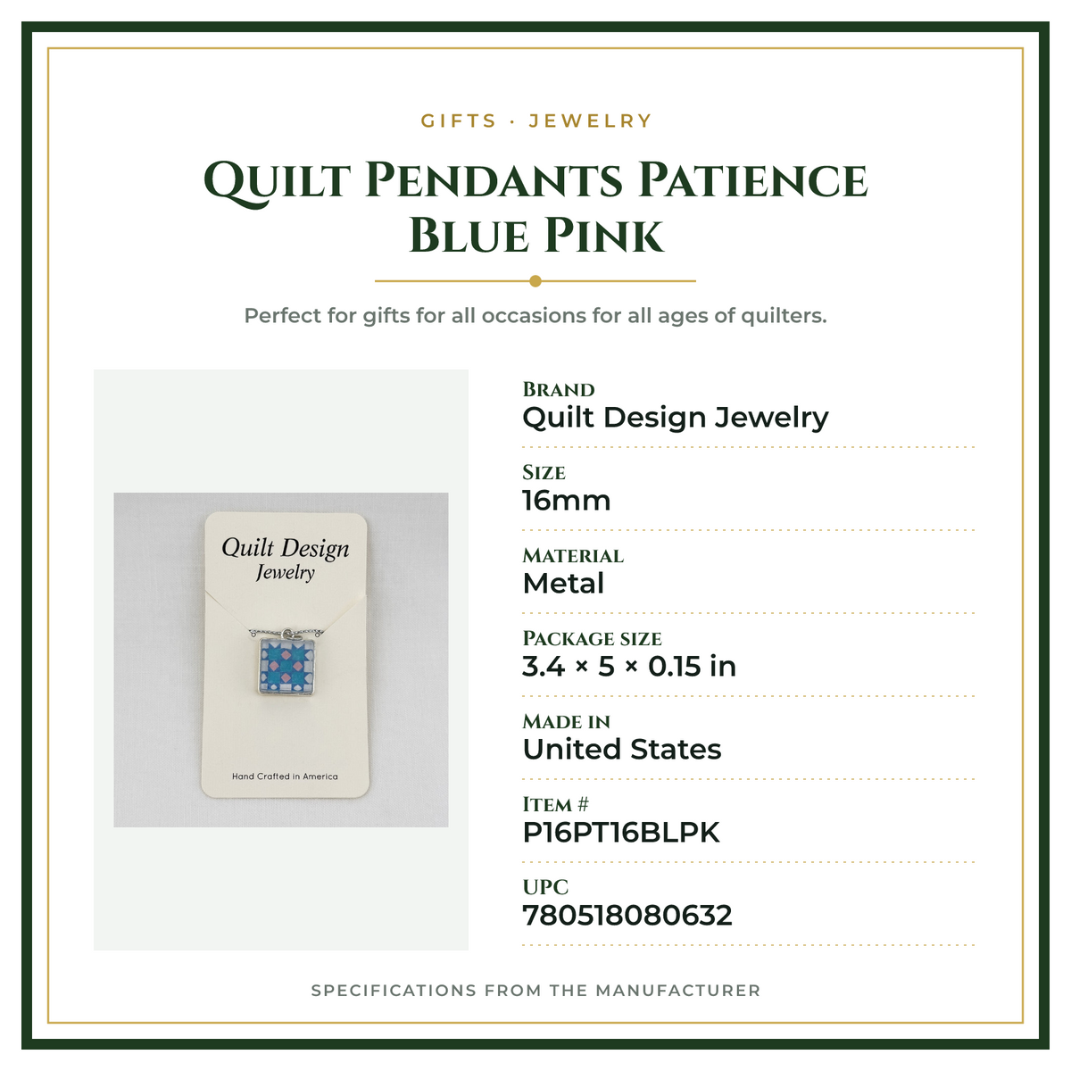 Product Specifications – Quilt Pendants Patience Blue Pink