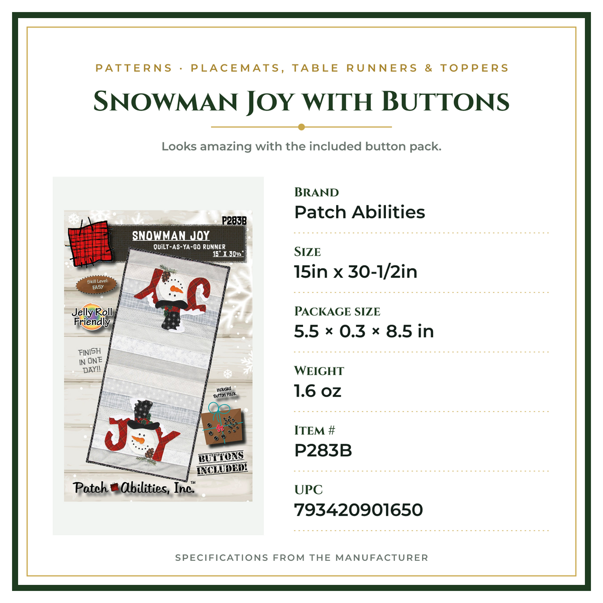 Product Specifications – Snowman Joy with Buttons