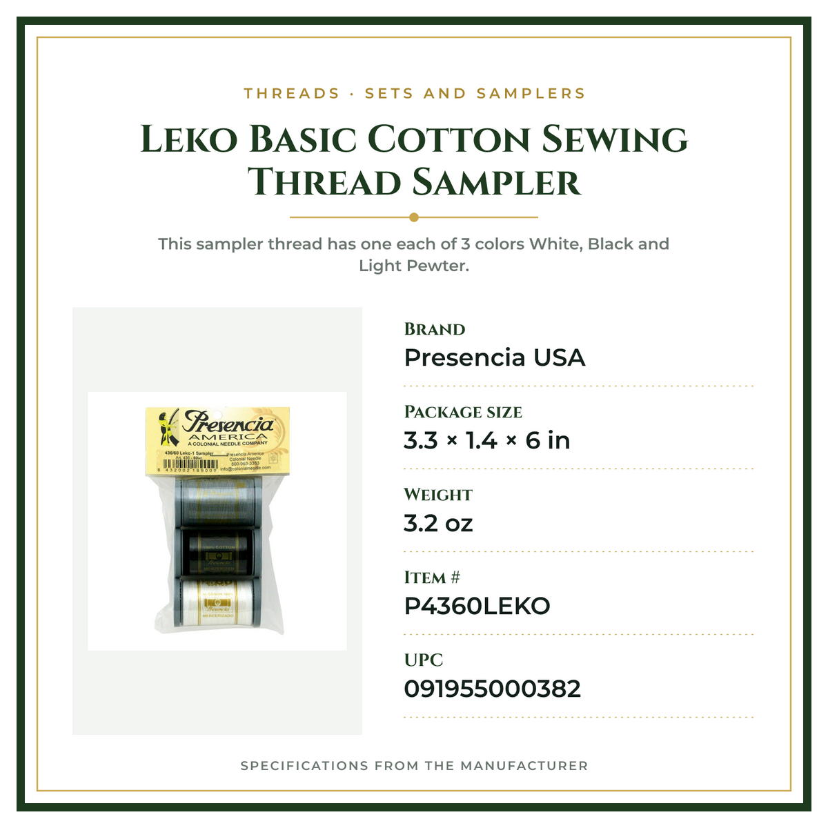 Product Specifications – Leko Basic Cotton Sewing Thread Sampler