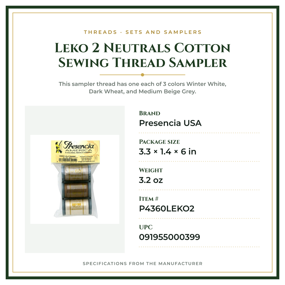 Product Specifications – Leko 2 Neutrals Cotton Sewing Thread Sampler