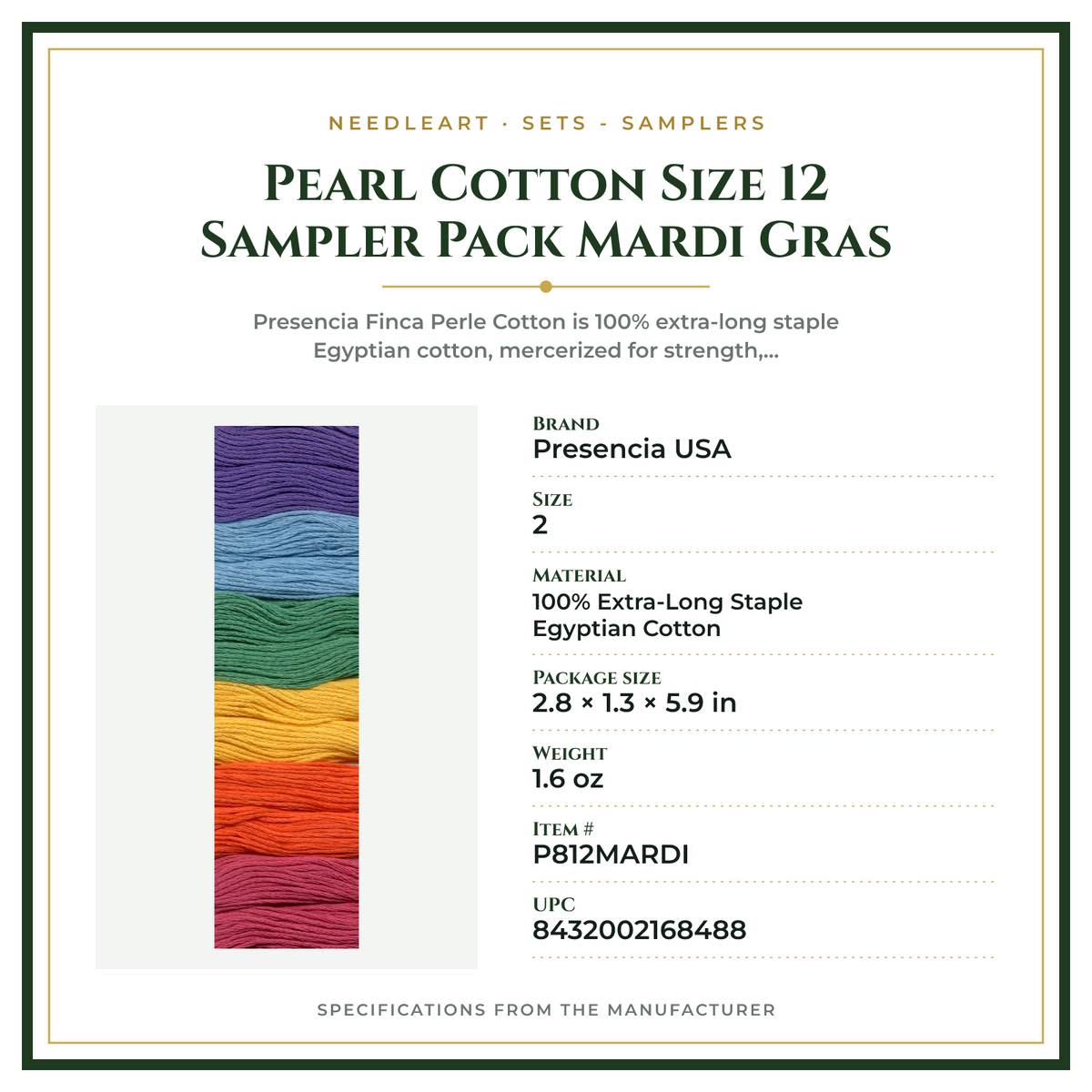 Product Specifications – Pearl Cotton Size 12 Sampler Pack Mardi Gras