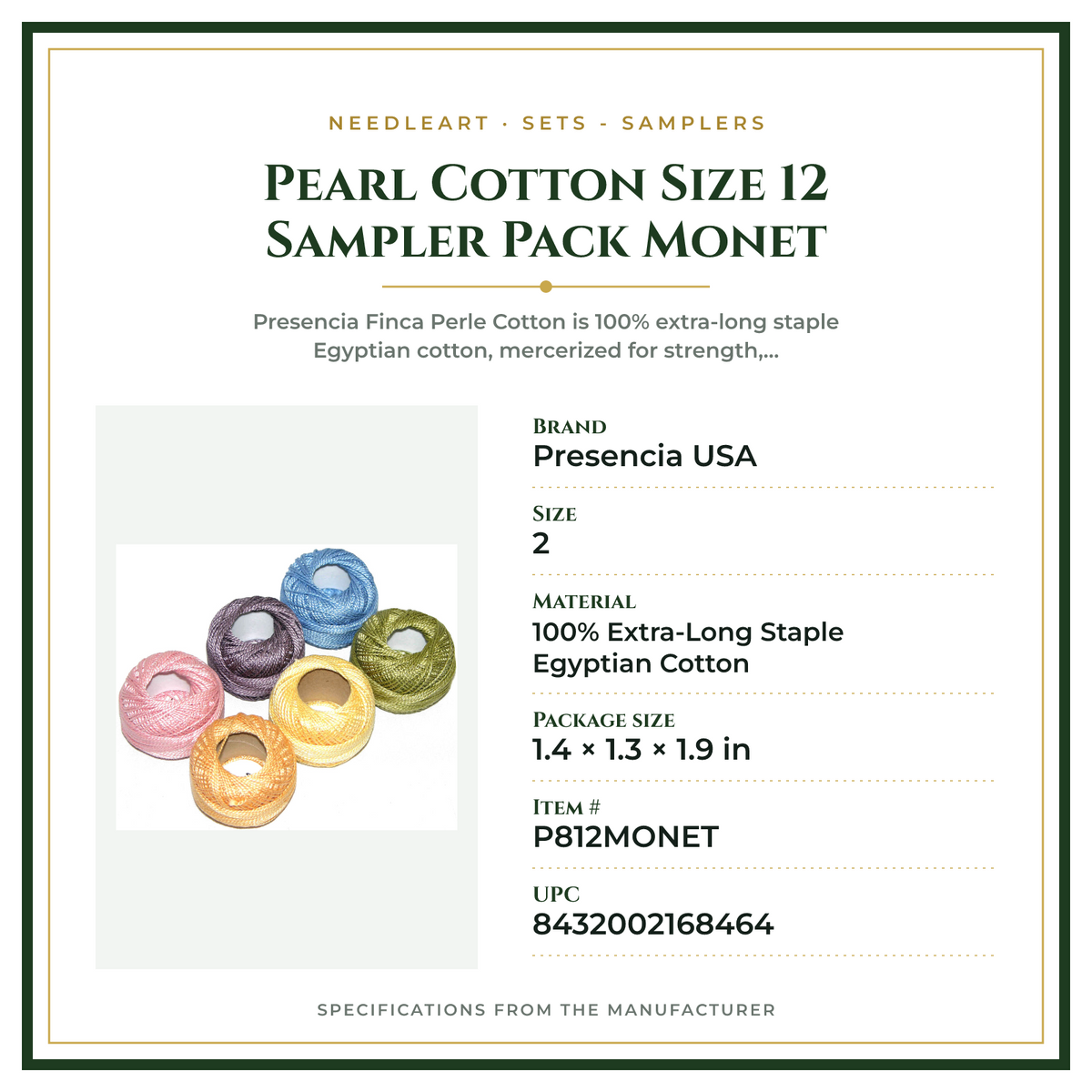 Product Specifications – Pearl Cotton Size 12 Sampler Pack Monet