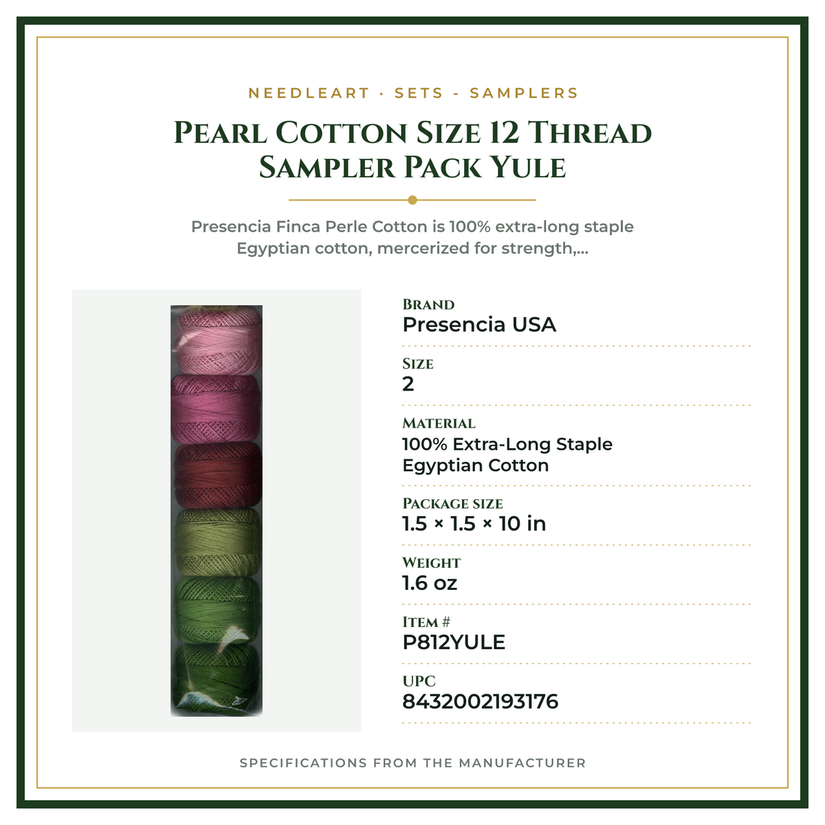 Product Specifications – Pearl Cotton Size 12 Thread Sampler Pack Yule