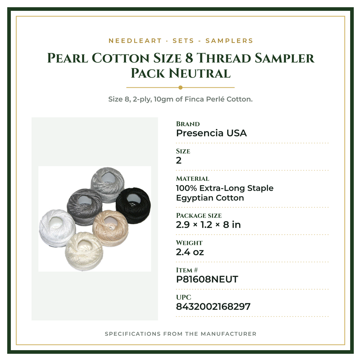 Product Specifications – Pearl Cotton Size 8 Thread Sampler Pack Neutral