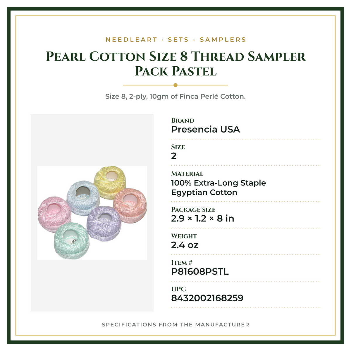 Product Specifications – Pearl Cotton Size 8 Thread Sampler Pack Pastel