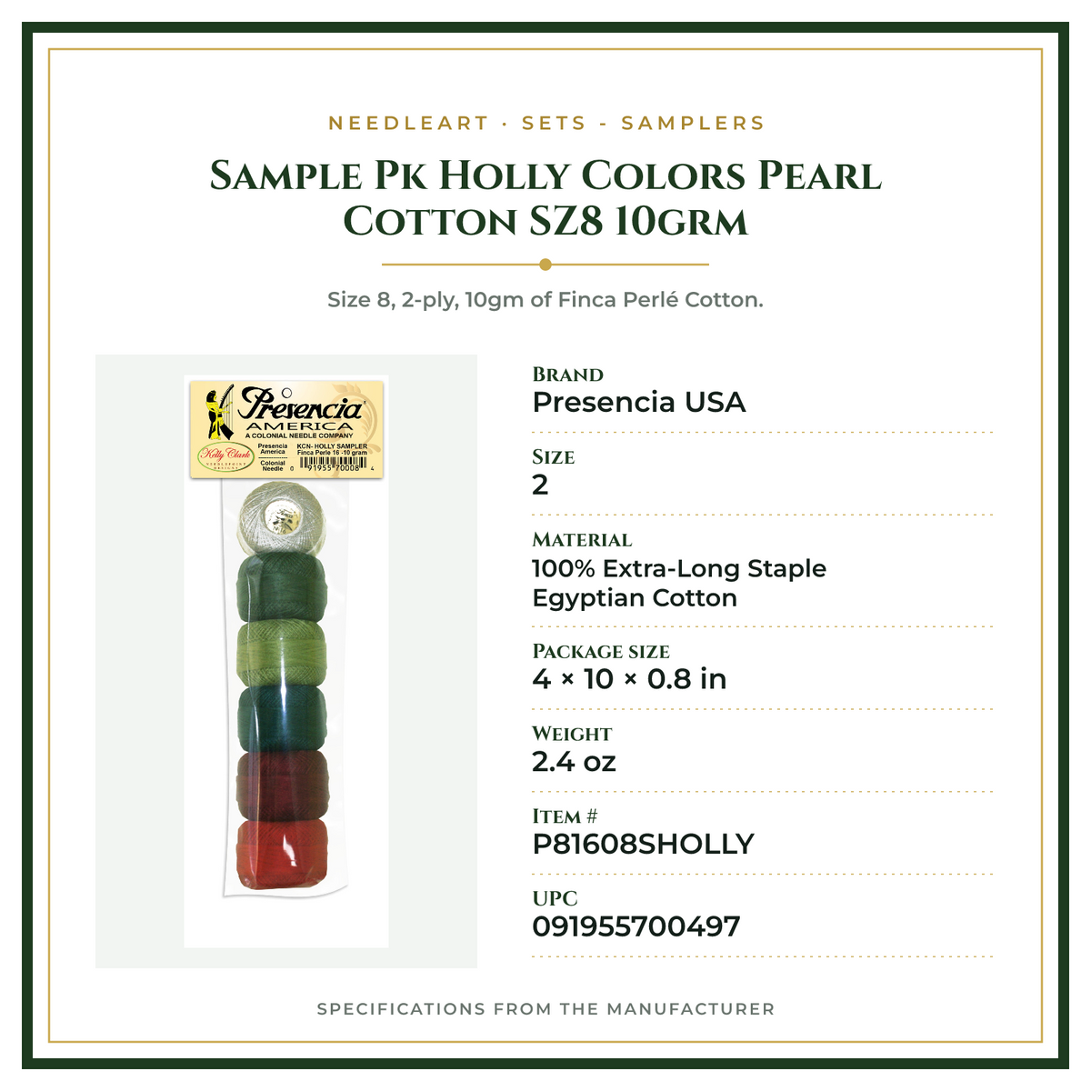 Product Specifications – Sample Pk Holly Colors Pearl Cotton SZ8 10grm