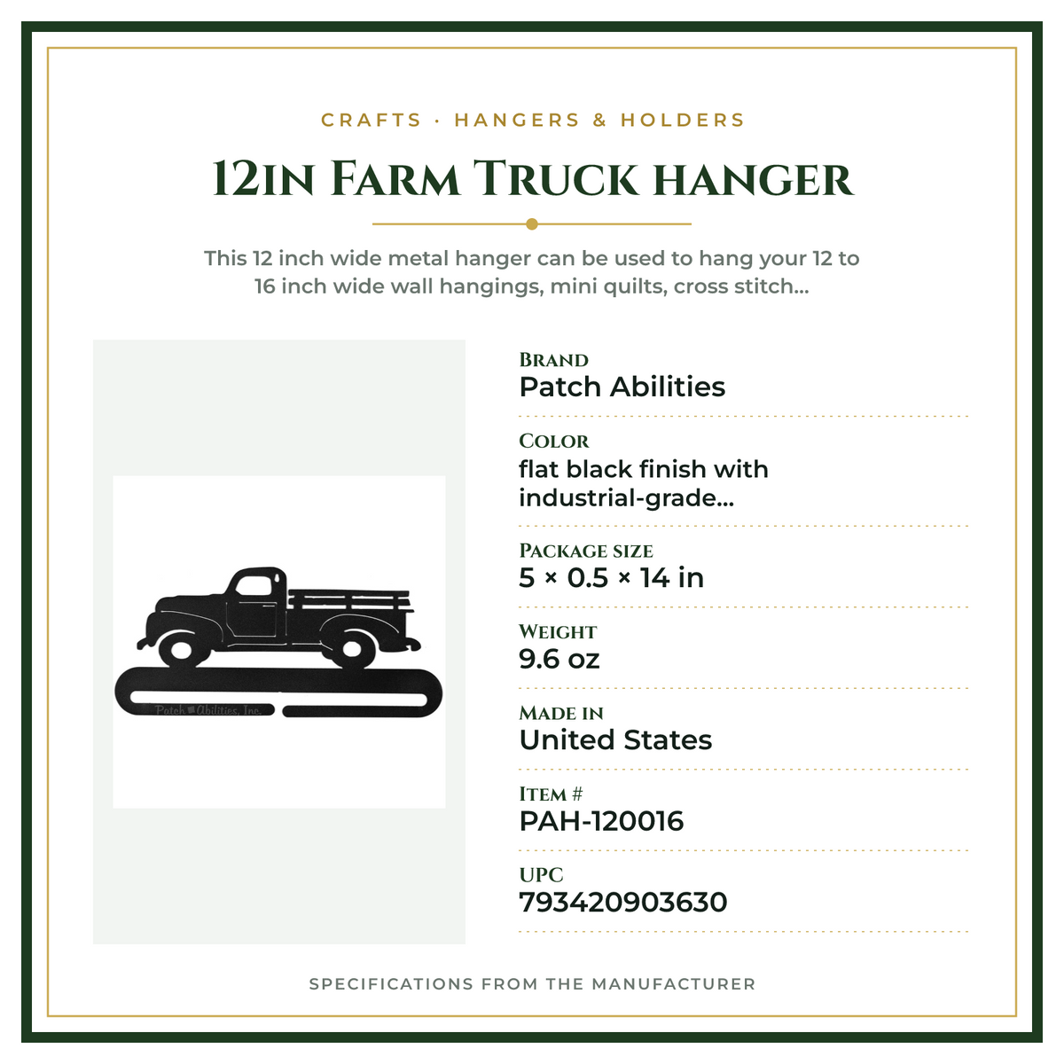 Product Specifications – 12in Farm Truck hanger