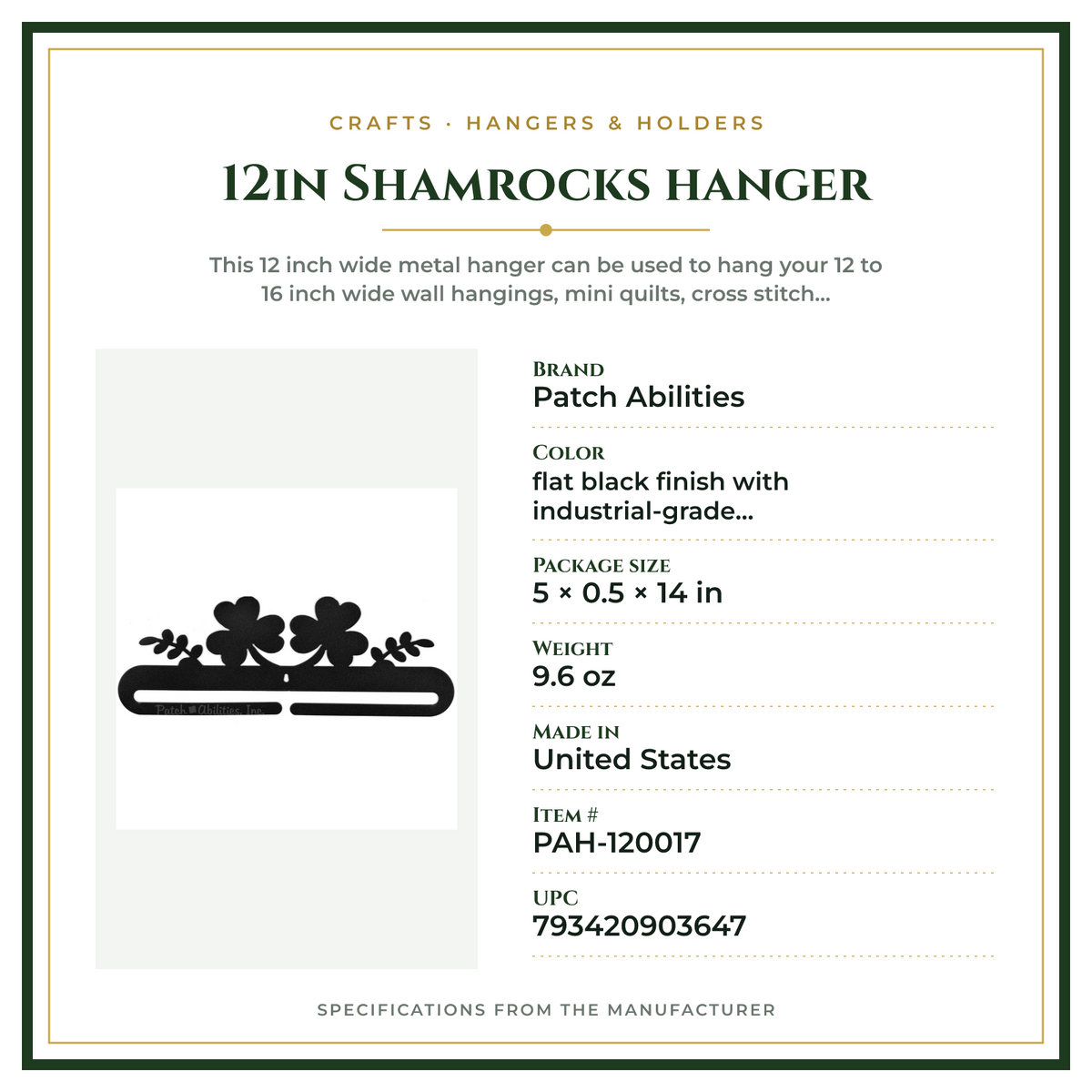 Product Specifications – 12in Shamrocks hanger