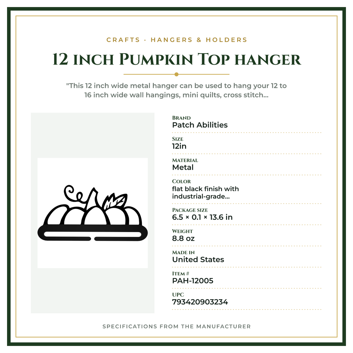 Product Specifications – 12 inch Pumpkin Top hanger